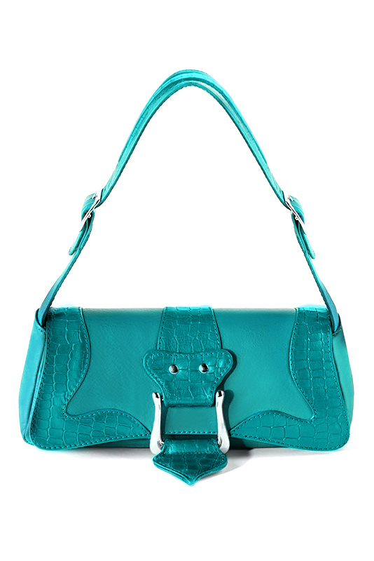 Turquoise blue women's dress handbag, matching pumps and belts. Top view - Florence KOOIJMAN